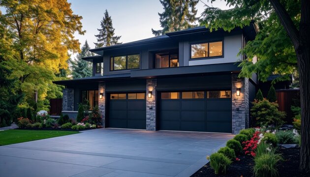 Garage door in luxury house with trees and nice landscape in Summer