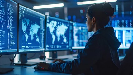 Woman working at computer terminal with data displays - Powered by Adobe