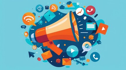 A vibrant illustration featuring a megaphone surrounded by various communication and marketing icons