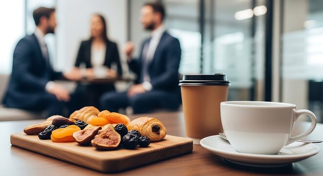 Business meeting with coffee and pastries croissants - Powered by Adobe