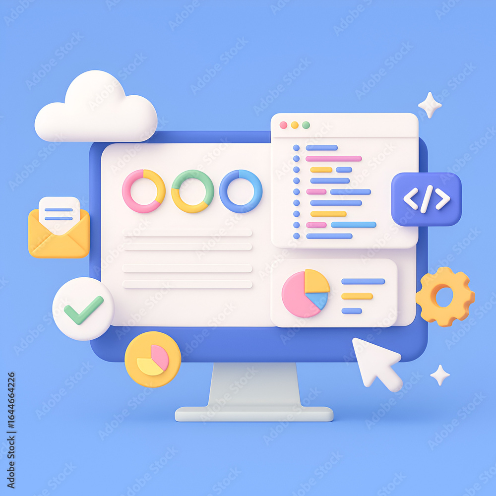 Aufkleber 3d illustration of computer monitor with data analytics dashboard, code snippets, charts, and cloud 