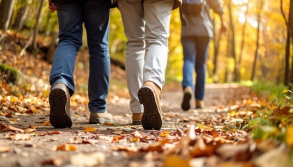 Group of tourists walks along the path of the autumn forest. Feet close-up. Traveling in a small group.