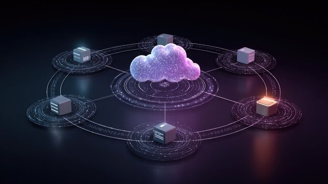 Dynamic cloud computing network with connected data storage, modern technology concept for business and data management