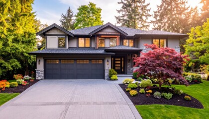 Garage door in luxury house with trees and nice landscape in Summer