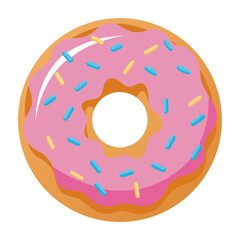 Pink frosted donut with colorful sprinkles isolated on white background