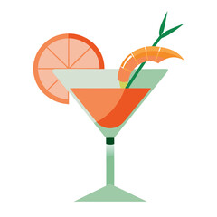Shrimp cocktail with orange slice in martini glass isolated on white background