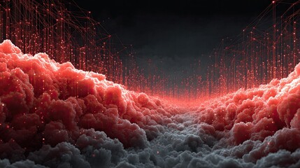 Abstract digital cloudscape with glowing red network connections, perfect for representing data flow, cloud computing, and technology