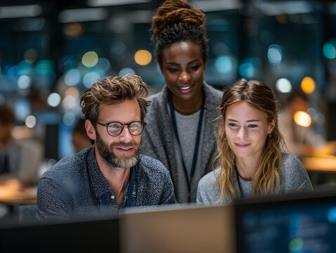 Diverse team of professionals collaborates in modern office working on computer screens late into the night.