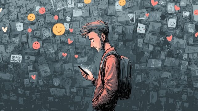 Melancholic Social Media Interaction: A Young Man Engrossed in His Smartphone - Powered by Adobe