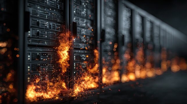 Burning server room with flames engulfing data center hardware, representing data loss and cyber security threats