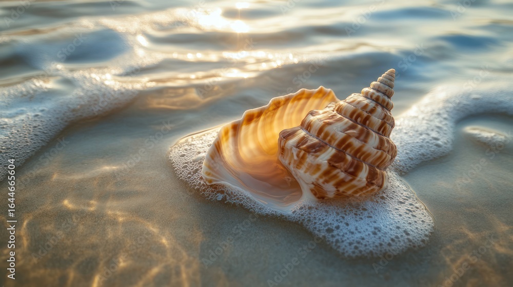 Poster seashell harmony: coastal serenity with gentle waves and golden sunlight reflection