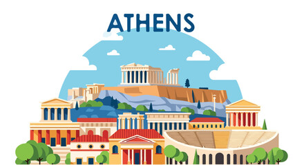 Flat vector illustration of Athens skyline featuring the Acropolis, Parthenon, and ancient Greek architecture, perfect for travel, tourism, cultural heritage, and historical cityscape design projects