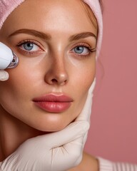 Closeup of a European woman receiving laser treatment flawless skin natural beauty expression clean isolated on a pastel background premium skincare and beauty portrait
