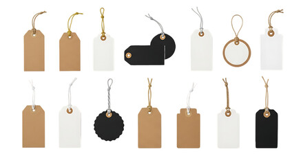 Assorted Paper Tags with Twine isolated on a transparent background