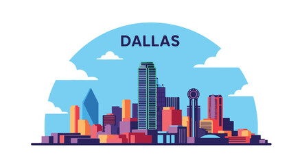 Flat vector illustration of Dallas skyline with colorful modern skyscrapers and landmarks, ideal for travel, tourism, architecture, Texas cityscape design, and urban creative projects © meeblues