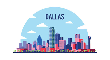 Naklejka premium Flat vector illustration of Dallas skyline with colorful modern skyscrapers and landmarks, ideal for travel, tourism, architecture, Texas cityscape design, and urban creative projects