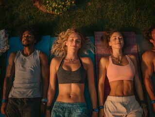 A diverse group lies relaxed in savasana pose after an outdoor yoga class on a sunny summer afternoon.