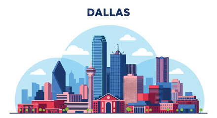 Flat vector illustration of Dallas skyline with colorful modern skyscrapers and landmarks, ideal for travel, tourism, architecture, Texas cityscape design, and urban creative projects © meeblues
