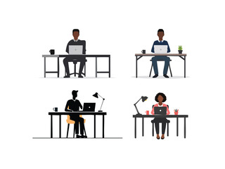 Minimalist vector silhouette of a person sitting at a desk with laptop open