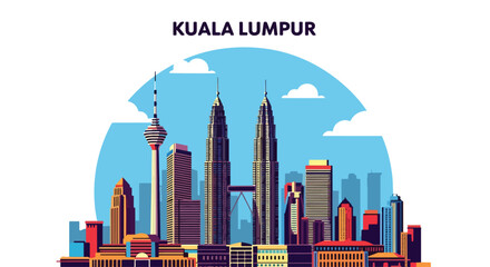 Naklejka premium Flat vibrant illustration of Kuala Lumpur skyline modern skyscrapers under a blue sky, perfect for travel, tourism, and Malaysia-themed designs.