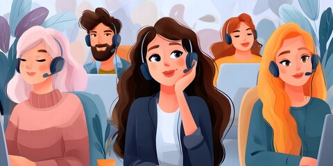 Diverse group of friendly call center agents wea headsets, providing support for online customer service.