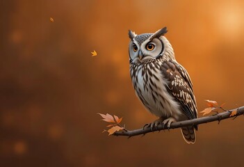 Elegant owl perched on a branch with autumn leaves, isolated on a deep orange-to-copper gradient background, minimal composition with copy space