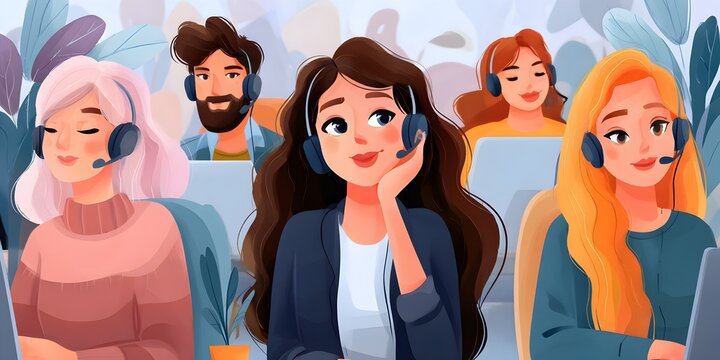 Diverse group of friendly call center agents wea headsets, providing support for online customer service.