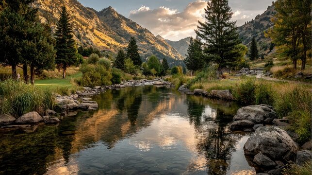 Mountain stream reflects golden sunset - Powered by Adobe