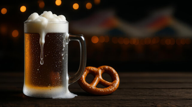 Cold beer mug with pretzel on wooden table at night
