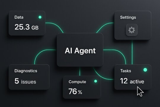 Dark Mode AI Agent Dashboard for Data Management, Diagnostics, Compute, and Task Control
