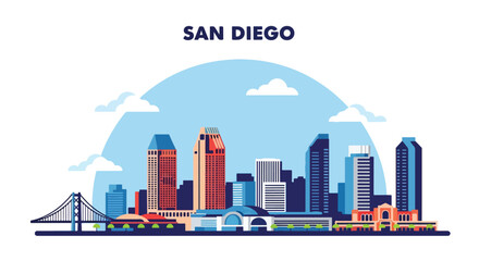 Flat colorful illustration of San Diego city skyline featuring modern skyscrapers, iconic bridges, and waterfront architecture under a bright blue sky with clouds, capturing the vibrant coastal