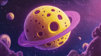 99.Creative cheese-inspired celestial body, cartoonish yellow planet with exaggerated holes and a soft purple ring, perfect for kidsâ€™ space education