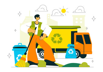 Sanitation Vector Illustration featuring People Cleaning Up Garbage and Disposing of it Properly and Washing Hands with Flat Style Cartoon Background