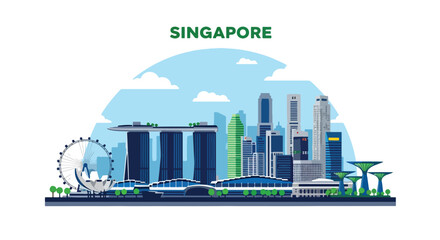 Obraz premium Flat colorful illustration of Singapore city skyline featuring iconic waterfront landmarks, modern skyscrapers, Ferris wheel, and futuristic gardens under a bright blue sky with clouds