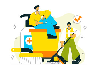 Sanitation Vector Illustration featuring People Cleaning Up Garbage and Disposing of it Properly and Washing Hands with Flat Style Cartoon Background