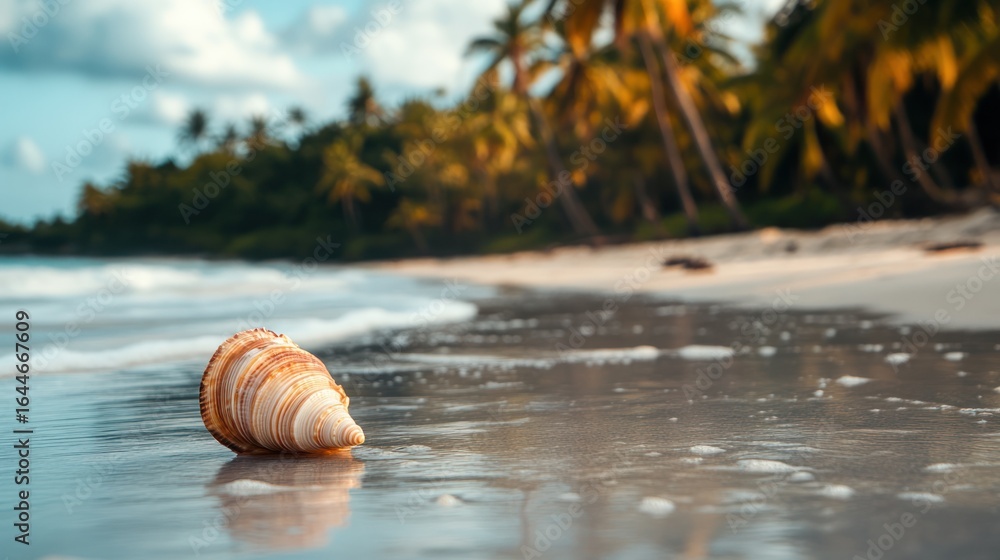 Poster captivating seashell resting on tranquil beach shore with palm trees background
