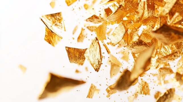 70.Cheese flakes tumbling down in an airy composition, rich golden tones contrasting with the stark white backdrop for a sharp, appetizing look