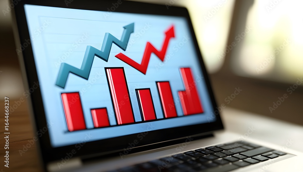 Poster a close-up of an advanced laptop displaying financial data with upward arrows on the screen, represe
