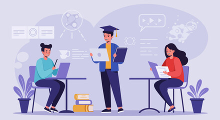 Fototapeta premium Student Presenting with Laptop and Book Wearing Graduation Cap.