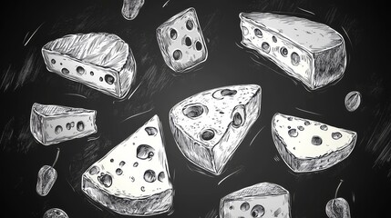 72.Artistic vector design with cheese sketches on a dark chalkboard texture, elegant and minimalistic gourmet concept