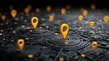 Dynamic location markers pinpointing destinations on a modern 3D map with vibrant glowing highlights, perfect for travel, navigation, and business concepts