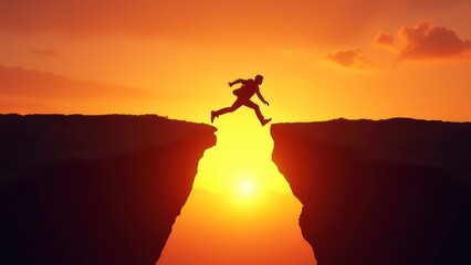 Courageous Businessman Cliff Jumping at Sunset: A Symbol of Financial Success and Risk Taking