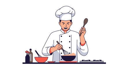 Smiling Chef Cooking with Whisk and Wooden Spoon.