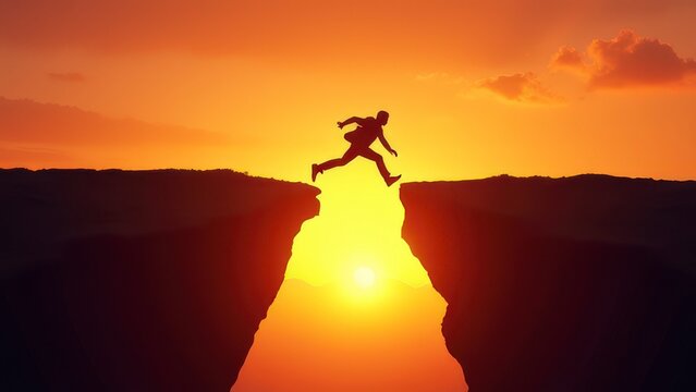 Courageous Businessman Cliff Jumping at Sunset: A Symbol of Financial Success and Risk Taking