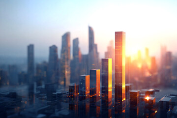 Fototapeta premium Abstract Business Growth Illustration, Bars Reflecting Urban Skyline At Dusk, Financial Achievement
