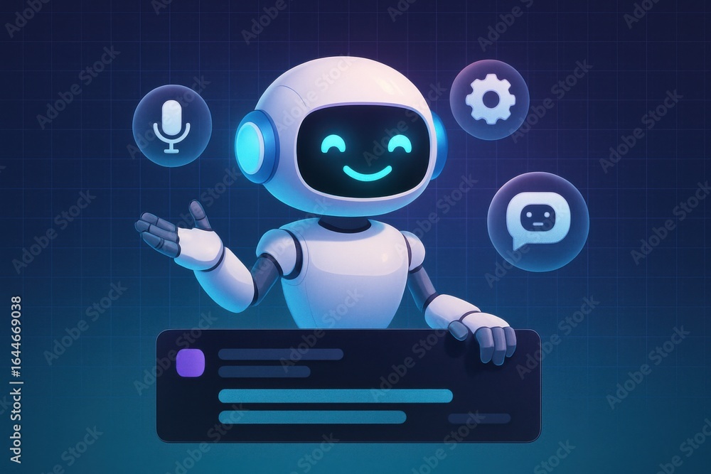 Poster 3d ai chatbot assistant with voice command, automation, and messaging icons in virtual panel