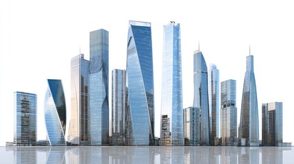 Collection of tall glass skyscrapers with sharp modern design, clean lines and reflective windows, clustered in urban real estate setting, isolated on pure white background