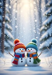 Two snowmen winter forest trees