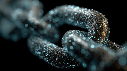 Dynamic blockchain chain with glittering particles, showcasing security, technology, and digital connection on a dark background, perfect for modern concepts