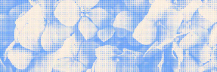Cyanotype halftone overlay texture bg with hydrangea flower silhouettes. Vector soft blue wallpaper for template, graphic design projects, artworks.